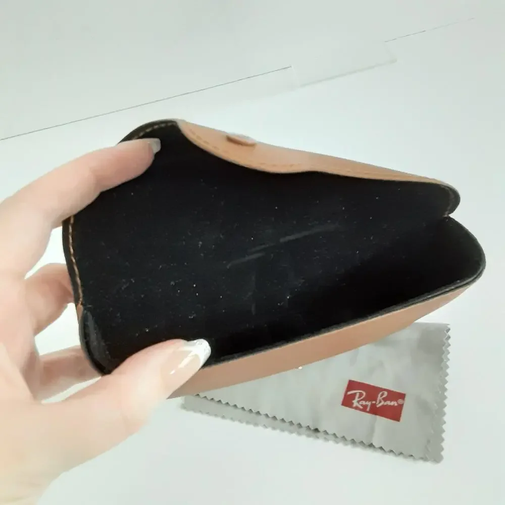 Ray-Ban Leather Hard Shell Glasses Case Brown Eyewear Cleaning Cloth Sunglasses